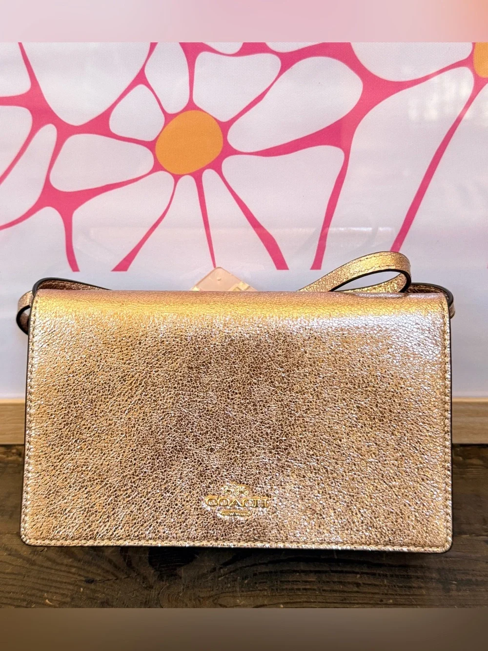 Coach Hayden Foldover Crossbody Clutch Bag Crinkle Metallic Rose Gold Leather